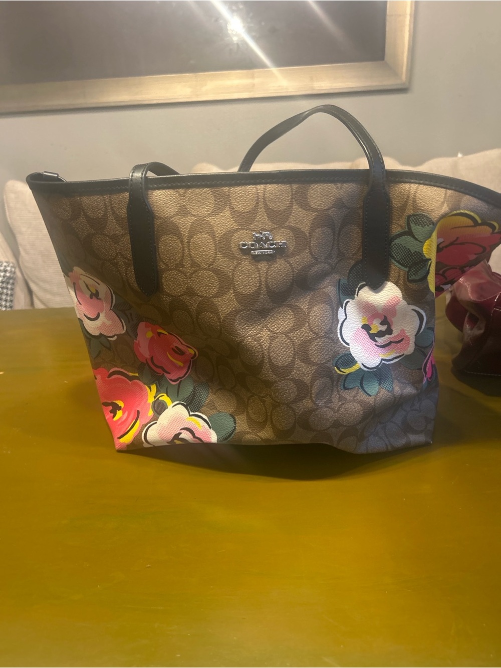 Coach Brown Signature Canvas Floral Tote with Pink & Yellow Blooms